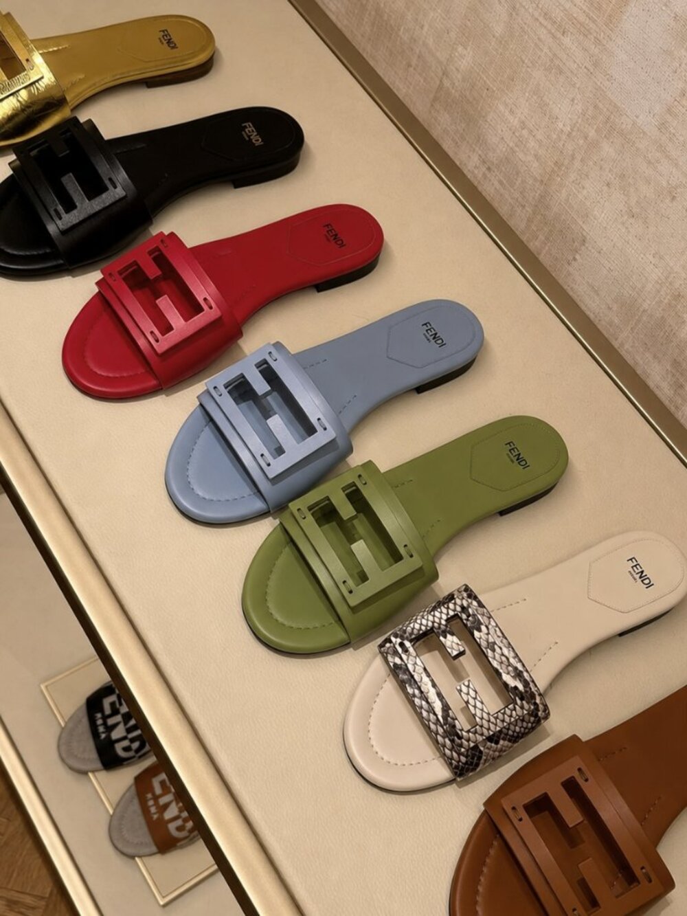 Fendi Baguette FF Logo Green Leather Slides Cut-Out Designer Sandals